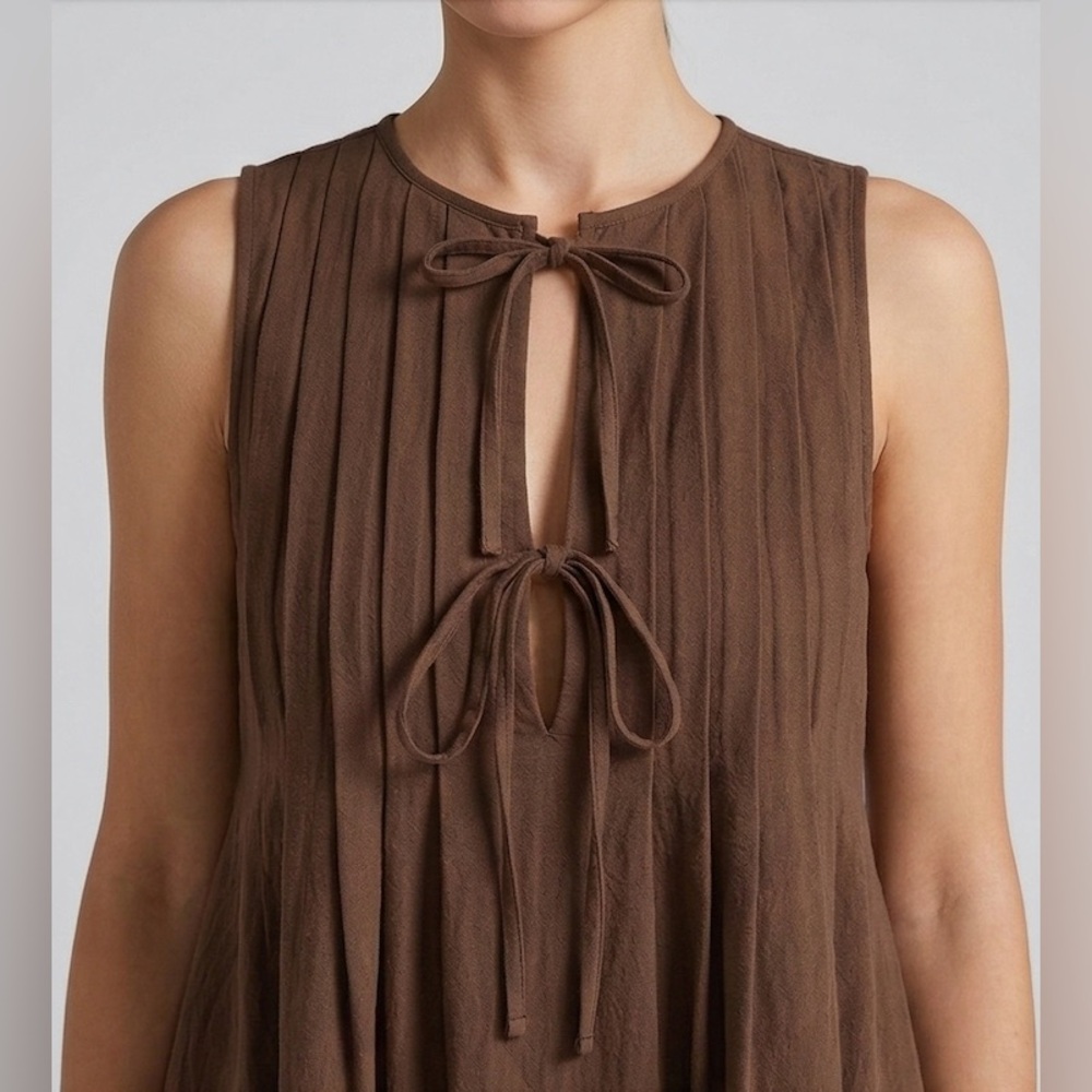 Earthy 100% Cotton Pleated Tie-Front Mini Dress Chocolate Brown - Picture 3 of 7